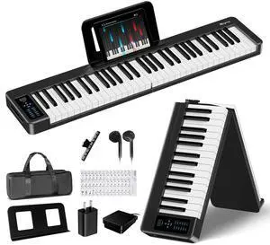 61 Key Folding Piano Keyboard, Semi-Weighted Full Size Keyboard Portable Piano with Music Rest, Bag, Bluetooth & MIDI for Beginner, Kids, Adults, Black