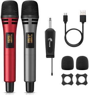 Wireless Microphones, UHF Dual Karaoke Microphone System, Microfonos Inalambricos with Rechargeable Receiver, Cordless Dynamic Mic Micro Set for Singing, Wedding, DJ, Party, Speech TW320 Red