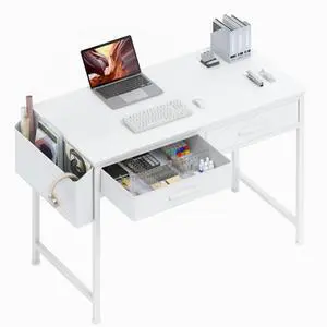 40 Inch Desk with Fabric Drawers - White Office Computer Makeup Desk for Bedroom Home Office, Small Makeup Vanity Study Desks with Drawers Side Bag, White