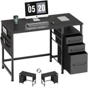 Small Desk with Drawers, 40 inch Computer Desk with Shelves, Writing Desk with Storage, Small Office Desk with Metal Frame, Black