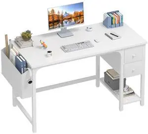 White Computer Desk with Drawers - 47 Inch PC Desk for Small Space Bedroom Home Office, Modern Simple Study Writing Table Desks with Storage Shelf, White