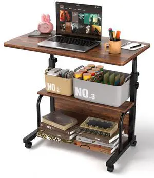 Portable Rolling Desk on Wheels Adjustable Height Desks for Small Spaces, 32" Computer Desk with Storage Shelves for Home Office Rustic