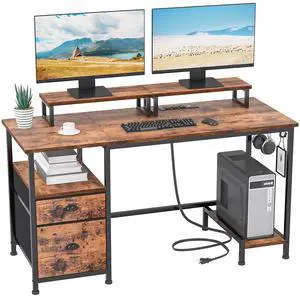 47" Computer Desk with File Cabinet and Power Outlets, Home Office Desk with 2 Monitor Stands and Storage Drawer, Writing Gaming Table with Shelves and 2 Hooks for Bedroom, Rustic Brown