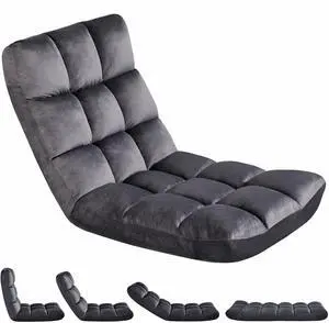 Floor Folding Chair with Back Support, Padded Folding Gaming Sofa Chair with 14 Adjustable Backrest, Adults Couch Recliner, Floor Seating Lounge Chair, Armless Meditation Chair, Gray