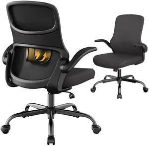 Office Chair, Mesh Ergonomic Desk Chairs, Comfy Computer Gaming Chair with Adjustable Height & Flip-up Armrest, Lumbar Support & Swivel Function for Home Office (Black)