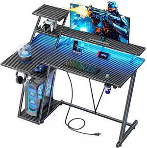 39 Inch Gaming Desk with LED Lights & Power Outlet, Small Gaming Computer Desk with Storage Shelves, L Shaped Gamer Workstations with Monitor Stand for Bedroom, Carbon Fiber Black 39 Inch Gaming Desk with LED Lights & Power Outlet, Small Gaming Computer Desk with Storage Shelves, L Shaped Gamer Workstations with Monitor Stand for Bedroom, Carbon Fiber Black
