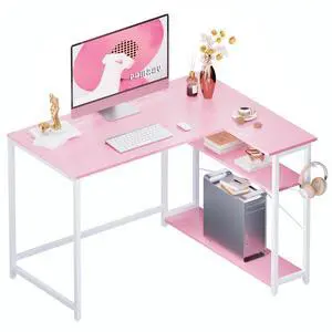 43 Inch L Shaped Computer Desk with Reversible Side Storage Shelves, Small Corner Desk for Small Space Home Office,Writing Study Table PC Desk for Bedroom,Pink with White Leg