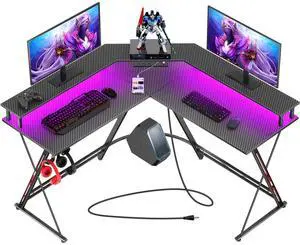 L Shaped Gaming Desk with LED Lights & Power Outlets, 50.4 Computer Desk with Monitor Stand, Corner Desk with Carbon Fiber Surface, Gaming Table with Hooks, Black L Shaped Gaming Desk with LED Lights & Power Outlets, 50.4 Computer Desk with Monitor Stand, Corner Desk with Carbon Fiber Surface, Gaming Table with Hooks, Black
