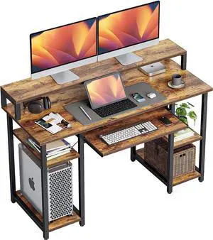 Computer Desk with Keyboard Tray, 47 Inch Office Desk with Monitor Stand and Storage Shelves, Music Studio Desk Workstation, Work Table for Home Office, Rustic Brown