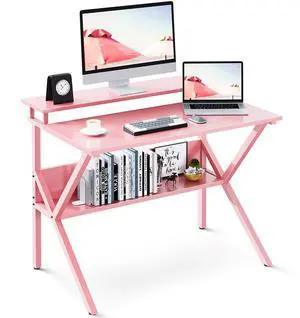 Small Kids Desk, 27.5 Inch Computer Desk for Small Spaces, Mini Desk with Storage, Writing Desk with Monitor Stand for Homeschool, Pink Small Kids Desk, 27.5 Inch Computer Desk for Small Spaces, Mini Desk with Storage, Writing Desk with Monitor Stand for Homeschool, Pink
