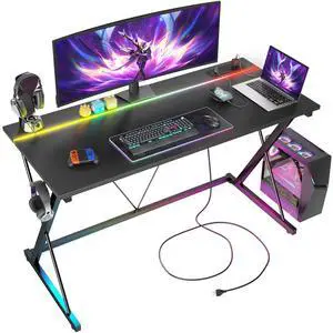 Gaming Desk with Power Outlets & LED 40 Inch Ergonomic Computer Carbon Fiber Surface Gamer Desk, PC Workstation with Headphone Hook for Bedroom, Kids Desk Gift for Boys, Black