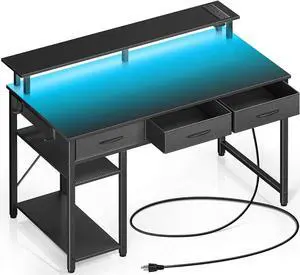 Computer Desk with Power Outlets & LED Light, 39 inch Home Office Desk with 3 Drawers and Storage Shelves, Writing Desk with Monitor Stand, Modern Work Desk for Home Office, Carbon Black