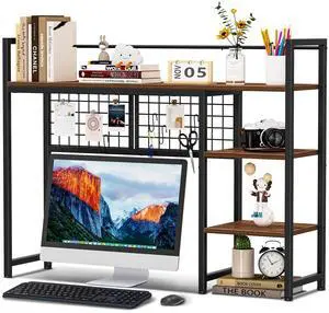 Desk Shelf, 38.6" Desktop Organizer Shelf, Desk Hutch for Computer Monitor, 4 Tier Desk Display Rack with Pegboard Hooks Set, Wood Desktop Bookshelf for Home Office Dorm, Black