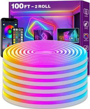 100Ft Neon Rope Lights,Flexible Led Rope Lights Control with App/Remote,Multiple Modes Rope Lights,IP65 Outdoor RGB Led Neon Lights Waterproof,Music Sync Gaming Led Neon Light Strip for Bedroom Decor