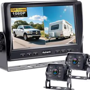 Dual RV Backup Camera System: 7" Monitor with Split Screen No Lag Easy Installation Plug and Play HD 1080P Rear View Camera Wired Kit IP69 Waterproof IR Crystal Night Vision for Truck Tractor R4