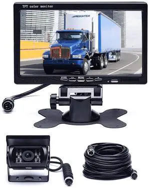 7" Backup Camera with Monitor Kit, Waterproof 18 IR LED Night Vision Reverse Camera + Rear View Monitor Vehicle Parking System for RV Bus Trailer Truck (65ft 4-Pin Aviation Video Cable)