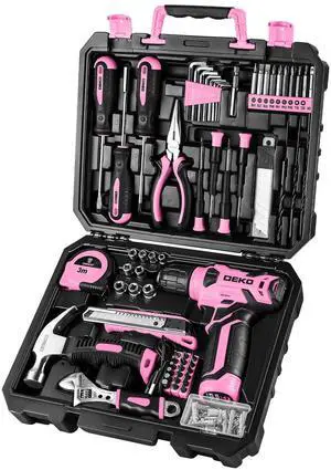 Drill Set, Home Tool Set with 8V Pink Cordless Drill, Hand Tool Kit for Women, 126 pcs