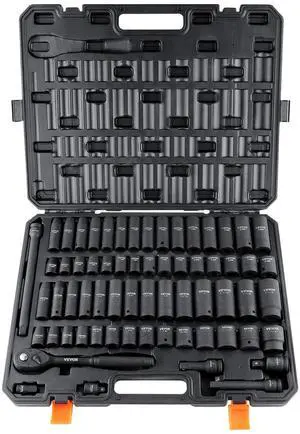 1/2" Drive Impact Socket Set, 65 Piece SAE 3/8" to 1-1/4" and Metric 10-24mm, 6 Point Cr-V Alloy Steel for Auto Repair, Easy-to-Read Size Markings, Rugged Construction, Storage Case