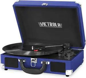 Journey Bluetooth Portable Suitcase Record Player  with Built-in Speakers, 3 Speed Vinyl Record Player, RCA Out, Headphone Jack (Cobalt Blue)