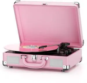 Vinyl Record Player 3-Speed Bluetooth Suitcase Portable Belt-Driven Record Player with Built-in Speakers RCA Line Out AUX in Headphone Jack Vintage Turntable,Pink