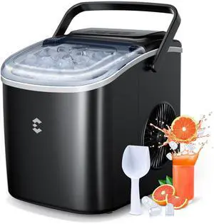 Ice Maker Countertop, Portable Ice Machine 9 Cubes in 6 Mins, 26 lbs in 24 Hrs, Two Sizes of Bullet Ice Self-Cleaning with Ice Scoop, Bag, and Basket, for Kitchen, Party, RV, Bar-Black