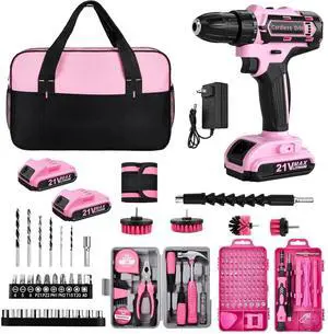 Cordless Drill Set 154 Pcs, 21V Power Drill with 2 Batteries Tool Kit, Storage Bag, Electric Drills for Women, Precision Screwdriver set, Magnetic Tool Belt, Hand ToolBox, Drills Brush (Pink) Cordless Drill Set 154 Pcs, 21V Power Drill with 2 Batteries Tool Kit, Storage Bag, Electric Drills for Women, Precision Screwdriver set, Magnetic Tool Belt, Hand ToolBox, Drills Brush (Pink)