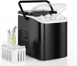 Countertop Ice Maker with Handle, 26lbs/24H Portable Ice Machine, 9 Bullet Ice Cubes Ready in 6 Mins, Self-Cleaning, Quiet Compact Ice Maker for Home, Kitchen, RV, Camping, Black