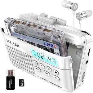 K7 Cassette Tape Player - Cassette to MP3 Converter - Portable - Built-in Microphone & Speaker - Rechargeable Battery - Earphones - 16GB SD Card - White