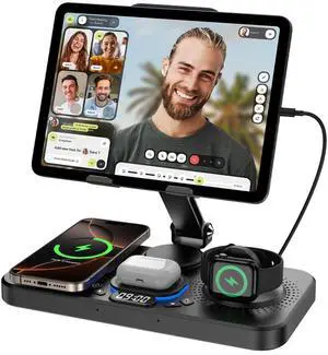 6 in 1 Wireless Charger for Apple Device, 30W Foldable Wired Charging for ipad with Clock & 7 Color Ambient Light, Nightstand Charger Station for iPhone 17/16/15/iWatch Series/AirPods 4/Pro 3(Black)