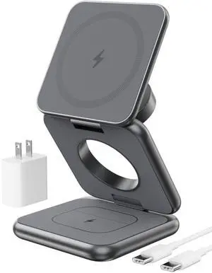Foldable Magnetic Wireless Charger, X40 Aluminum Alloy 3 in 1 Charging Station for Apple, Fast Magnetic Charger Stand for iPhone 16 15 14 13 12 Series, 5W for iWatch, AirPods 3/2/Pro, Gray