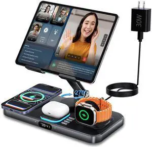 30W Foldable Charging Station for Multiple Devices, iPad Charging Station with Clock Display & Night Light for iPhone 17 Pro Max/16/15/iWatch 11/Air-pods 3/iPad 2025/Tablet Stand Holder