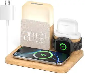 Alarm Clock Charging Station for Bedrooms, 7 in 1 Wireless Charging Station, Magnetic Charger with Night Light Bedside Clock for iPhone 16 15 14 13 12 Pro Max, Apple Watch, AirPods