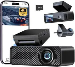 P1 Duo 4K Dash Cam Front and Rear, 64GB SD Card, 4K+1080P Dual Dash Camera for Cars, Wi-Fi & App Control, 1.5IPS Display Car Camera, Voice Control, Night Vision, 24H Parking Mode, G-Sensor
