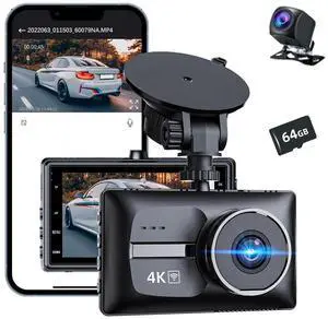 4K Dash Cam Front and Rear, 4K+1080P Dual Dash Camera for Cars with 64GB Card, 170°Wide Angle Mini Car Camera, 3 IPS Screen, WDR Night Vision, G-Sensor, Parking Mode