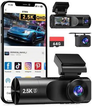 3 Channel Dash Cam, 2.5K Dash Camera Front and Dual 1080P Inside/Rear with 64GB Card, Wi-Fi Dash Cam Front and Rear, Night Vision, G-Sensor, 24H Parking, Loop Recording, 1.97IPS, Support 256GB