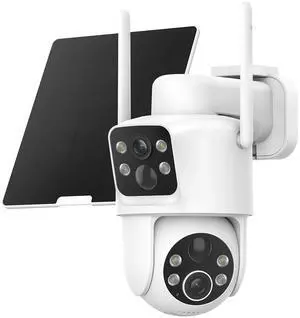 Dual Lens Solar Security Cameras Wireless Outdoor, 2K Full HD Video, 360° View Pan/Tilt Home Security Camera with Color Night Vision, Easy to Install, PIR Alarm, 2.4GHz WiFi