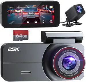Dash Cam Front and Rear, 2.5K /1080P QHD Dual Dash Camera for Cars, Super Night Vision Dashcam, Loop Recording, 3.39 IPS, 64GB Card Included, 160° Wide Angle, Parking Mode - Black Pro