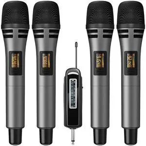 4 Wireless Microphones with Rechargeable Receiver, 4x10 Channel UHF Cordless Mics with Volume Control, Handheld Dynamic Mic System for Church Singing Karaoke Wedding, 200ft TW361