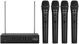 Wireless Microphone System, 4 Channel VHF Wireless Mics, w/ 4 Handheld Dynamic Microphones, Metal Receiver, Long Range, Mic for Singing, Karaoke, Church (PTV-2000-4H)