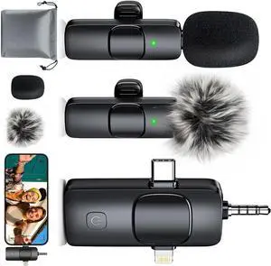 3-in-1 Wireless Lavalier Microphone, Omnidirectional Lapel Mic for iOS/Android/Camera, Noise Reduction, Basalt Black