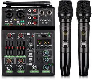 Professional Audio Mixer, 4 Channel Sound Mixer With Dual Wireless Mic, Sound Board Console MP3 Bluetooth 48V Phantom Power USB Interface DJ Mixing for Home Karaoke Party Computer Studio Recording