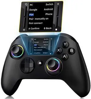 Interactive Screen Wireless Gaming Controller, Compatible with PC/PS4/Switch/Android/iOS, 4 Programmable Buttons, Turbo, 6-axis Gyro, Dual Vibration, RGB Lighting, Share, Screenshot, 1000mAh, Wake-up