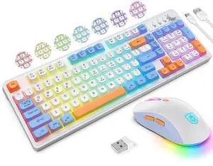 BT98 Wireless Keyboard and Mouse Combo,Triple Mode 2.4G/Wired/Bluetooth Gaming Keyboard and Mouse,Rechargeable Ergonomic RGB Backlit Light Up Keyboard Mouse with Knob for WinPC/Mac/Tablet White