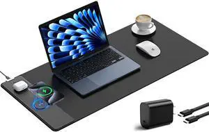 Wireless Charging Mouse Pad, Gaming Mousepad Home Office Large Desk Pad with Ultra-Smooth Surface, Non-Slip Base, Waterproof Keyboard Mat (Includes 20W PD Power Adapter & 6.56ft Woven Cable)