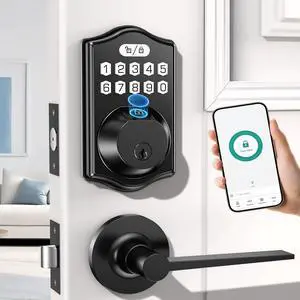 keyless Entry Door Lock deadbolt with Handle Set- Front Door Fingerprint Smart Locks with 2 Lever Handles-Keypad Code Deadbolt -App Control,Auto Lock,Easy to Install
