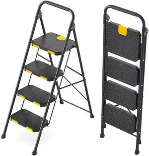 4 Step Ladder, Sturdy Steel Step Stool with Safe-Lock Design, Handrail, Anti-Slip Wide Pedals, Pass 800lbs Load Testing, Folding Portable Ladder for Multi-Purpose, Home, Kitchen, Black