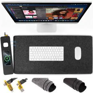 Wireless Charging Mouse Pad, QI2 Compatible Dual Fast Charger, Replaceable Felt & Leather Desk Mat, for Office & Gaming, Large Surface, iPhone & Android Compatible (Felt)