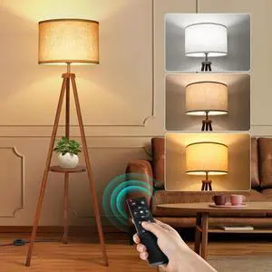 Wood Tripod Floor Lamp with Shelves, Mid Century LED Modern Dimmable Floor Lamp with Remote Control, Sturdy Tall Standing Lamp with Beige Linen Texture Shade for Living Room, Bedroom, Office