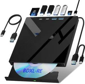 7 in 1 External Blu Ray Drive, External Blueray/DVD Drive for PC with SD/TF Port Blu Ray Burner, Support 100G Disc R/W for PC External Blu Ray Drive for Windows Linux MacOS Laptop Desktop