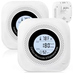 Carbon Monoxide Detectors, 2Pack 4-in-1 Natural Gas Leak Detector, Portable Carbon Monoxide Detector, Plug in Wall with AC Socket and Temperature & Humidity Monitoring for RV, Home, Hotel (White)